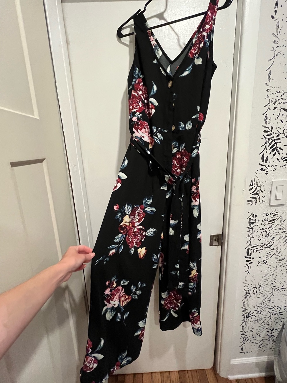 Floral button down V-Neck Black Jumpsuit with Tie Waist